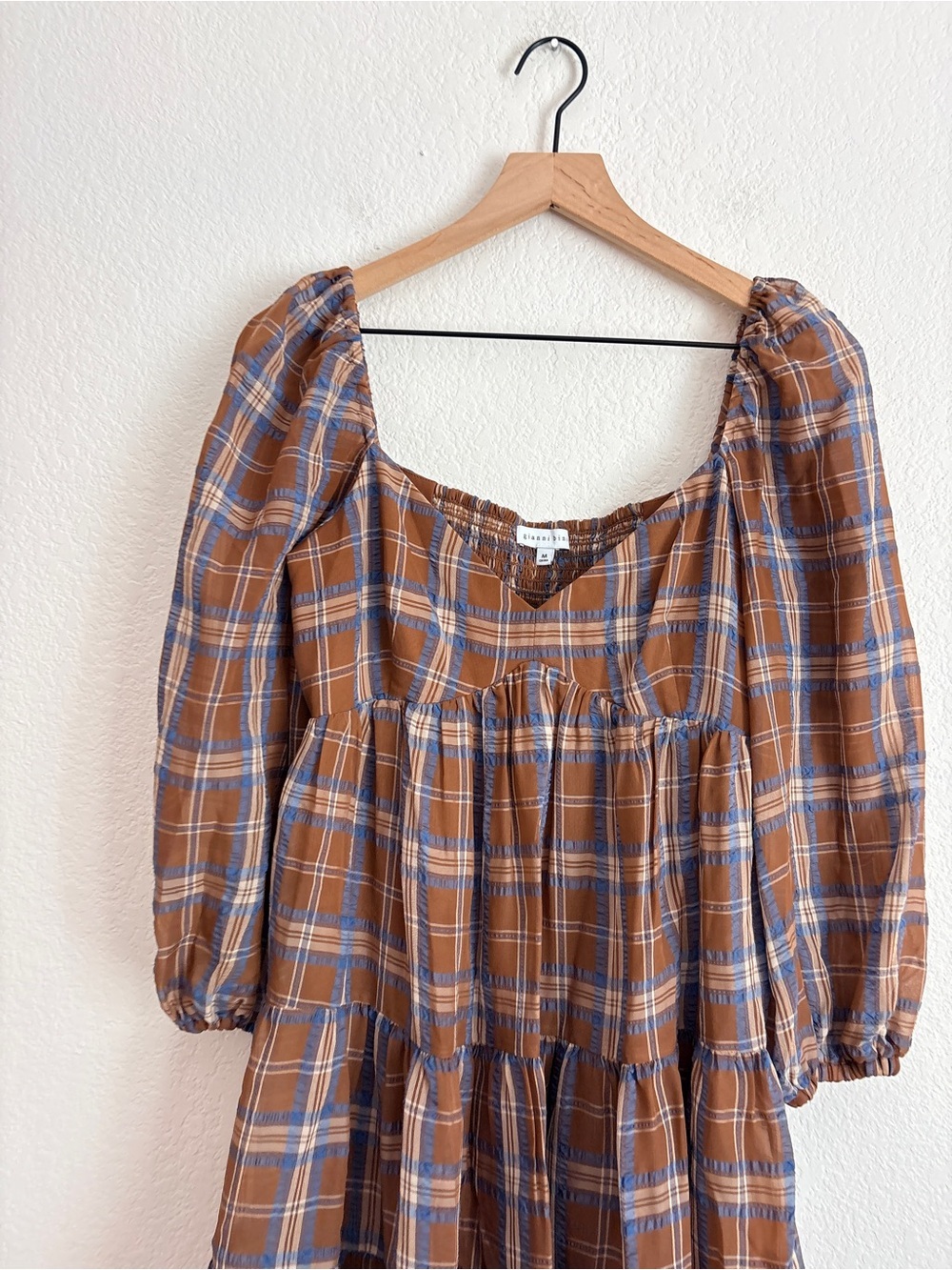 Gianni Bini Fall Plaid Puff-Sleeve Tiered Mini Dress Brown - Picture 7 of 11